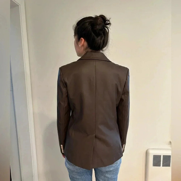 LOVE TOKEN Nellie vegan leather double breasted chocolate brown blazer sz L - Picture 4 of 11